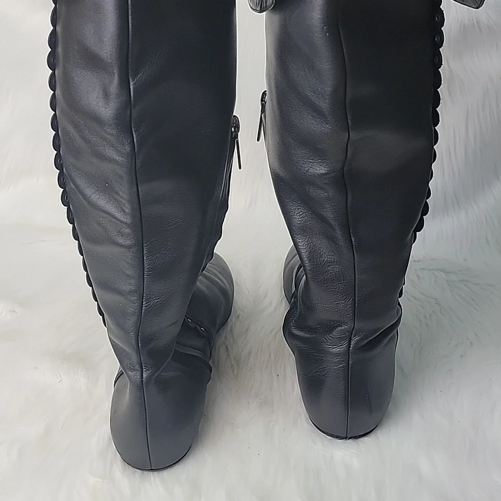 DIOR Agneaua Over The Knee Black Leather Designer Biker VTG Riding Flat Boots 40
